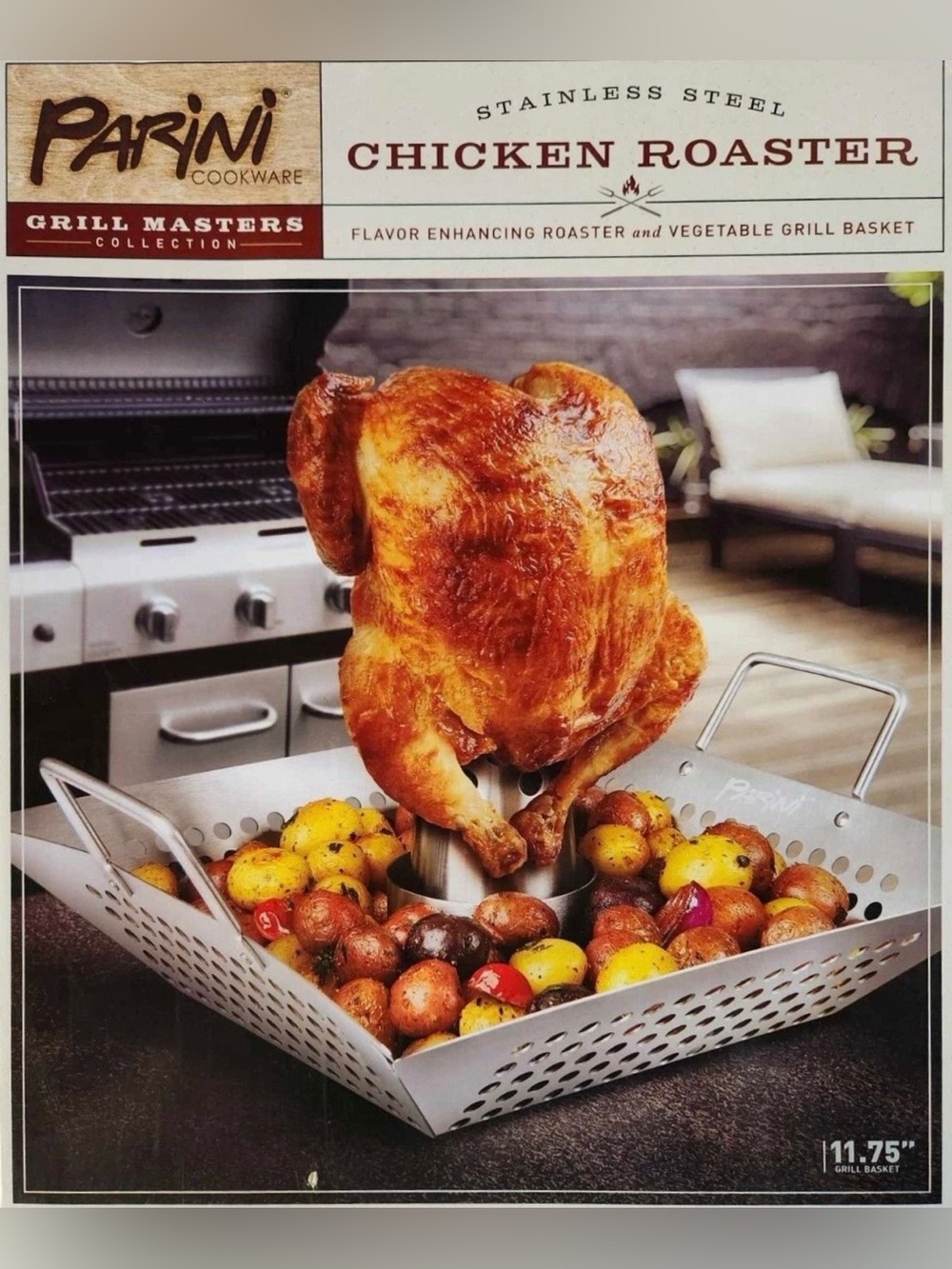 Parini Stainless Steel Chicken Roaster & Vegetable Grill Basket - Silver